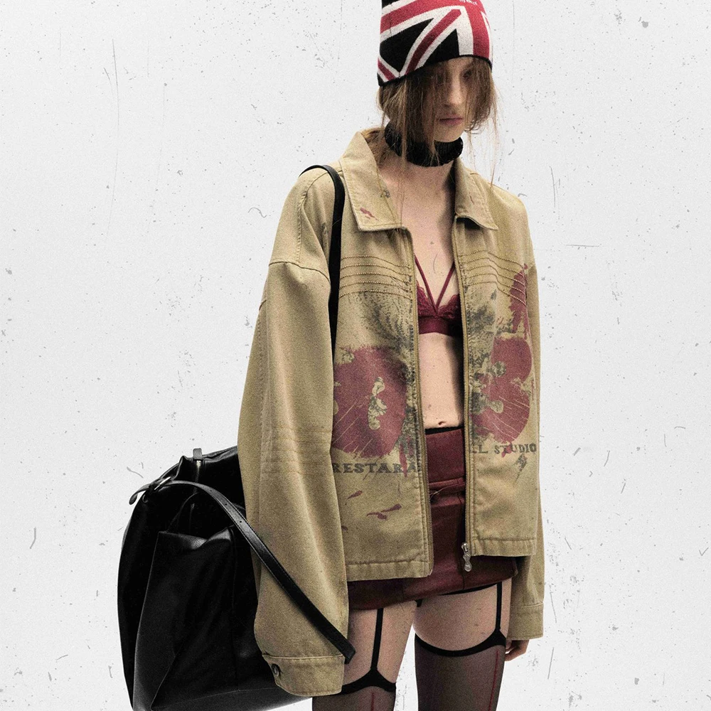 

High Street Vintage Jacket Loose Casual Bomber Coat Lapel Zipper Long Sleeve Jackets Lady Motorcycle Outwears Street Style Tops