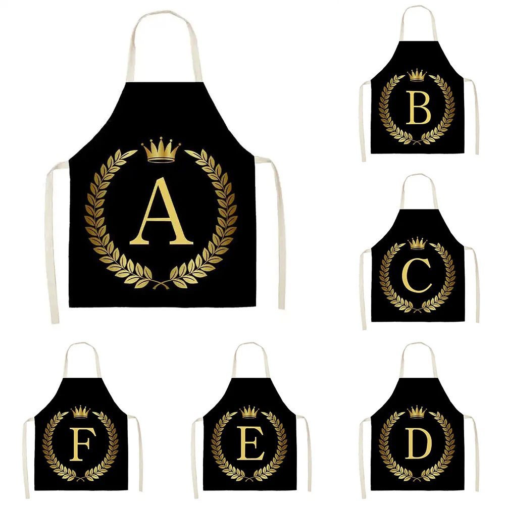 Black Gold Crown Letter Print Kitchen Apron Women\'s Men\'s Linen Apron Cooking Home Cleaning Tools Sleeveless Bib