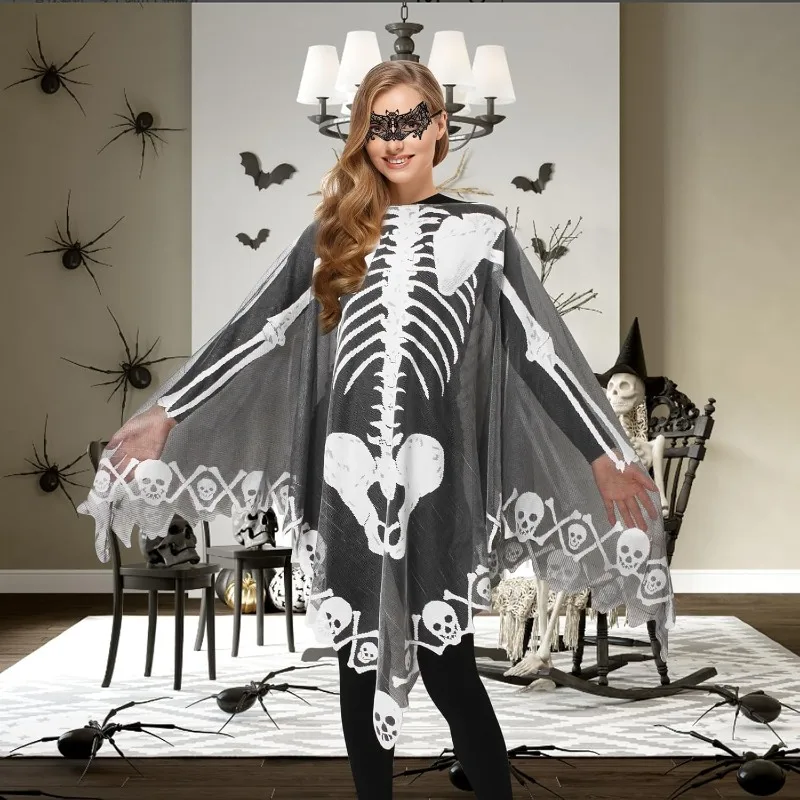 

Halloween Skeleton Poncho for Women Lace Skeleton Cape Shawl with Bat Mask Halloween Costume for Women Carnival Party Outfits