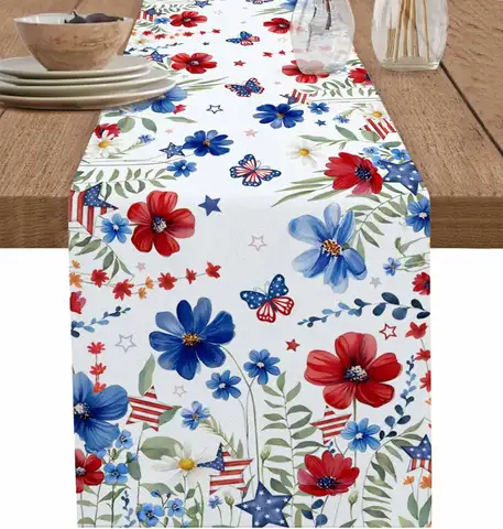 Independence Day Star Butterfly Linen Table Runner Party Decor 4th of July Red Blue Flowers Table Runners Kitchen Table Decor