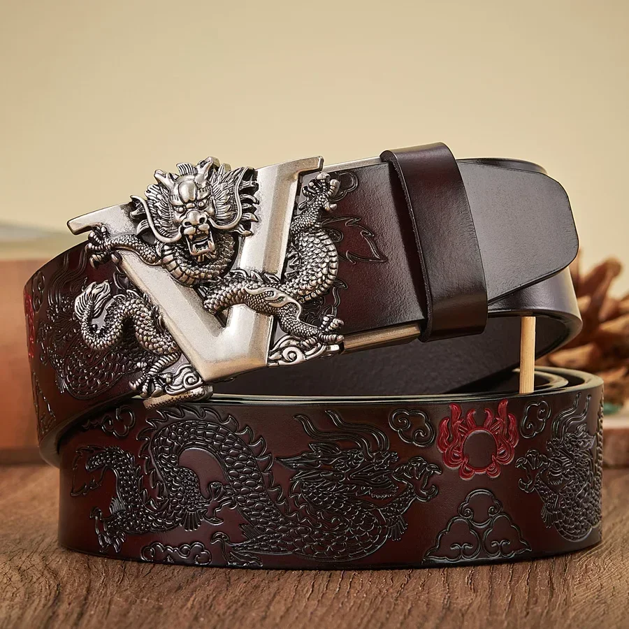 2024 New 3.4CM Male Chinese Dragon Belt Cowskin Genuine Leather Belt for Men Carving Dragon Pattern Automatic Buckle Belt Strap