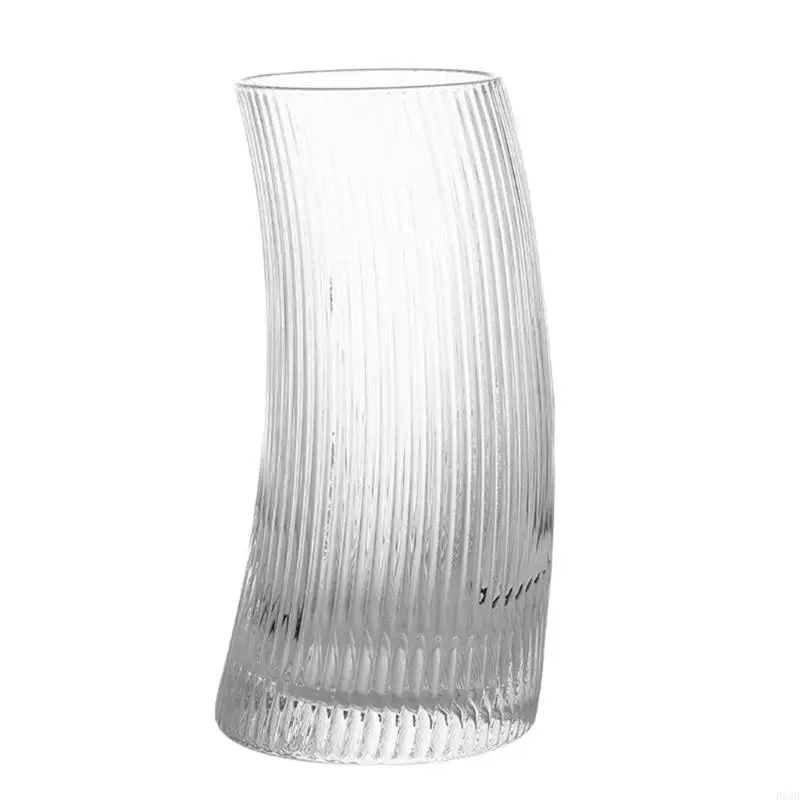 F19B Glass Drinkware Mug Transparent Curved Ribbed Drinking Cup Easy Cleaning