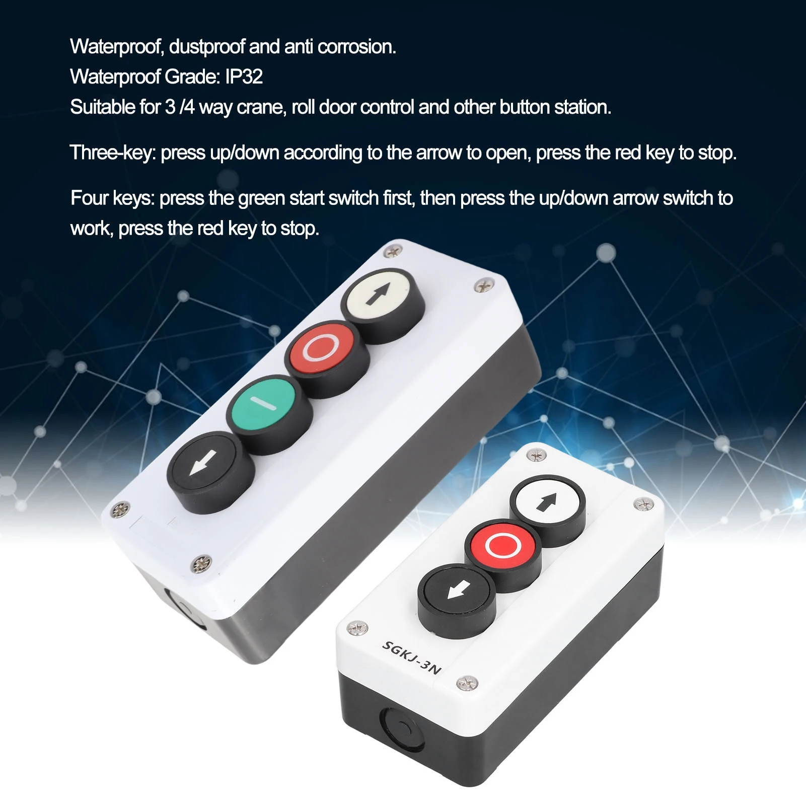 

SGKJ-3N/SGKJ-4N Self-Resetting Pushbutton Switch Up/Down Arrow-Stop Switch Hoist Roller Door Switch Truck Tailgate Lift Switch