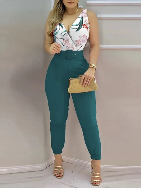 Letnie kombinezony damskie eleganckie biurowe damskie seksowne dekolt w serek bez rękawów kombinezony z nadrukiem nowa moda z paskiem kamizelka Playsuit Streetwear