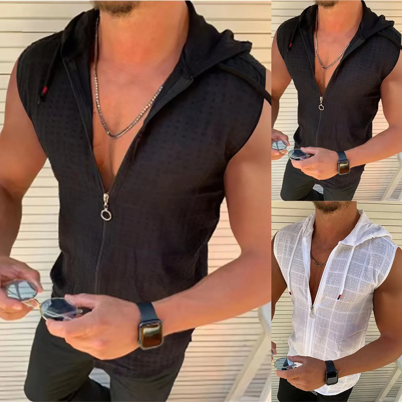 New sleeveless men\'s T-shirt, summer beach sunblock hoodie zipper top, summer vest loose camouflage fashion T-shirt, S-2XXL