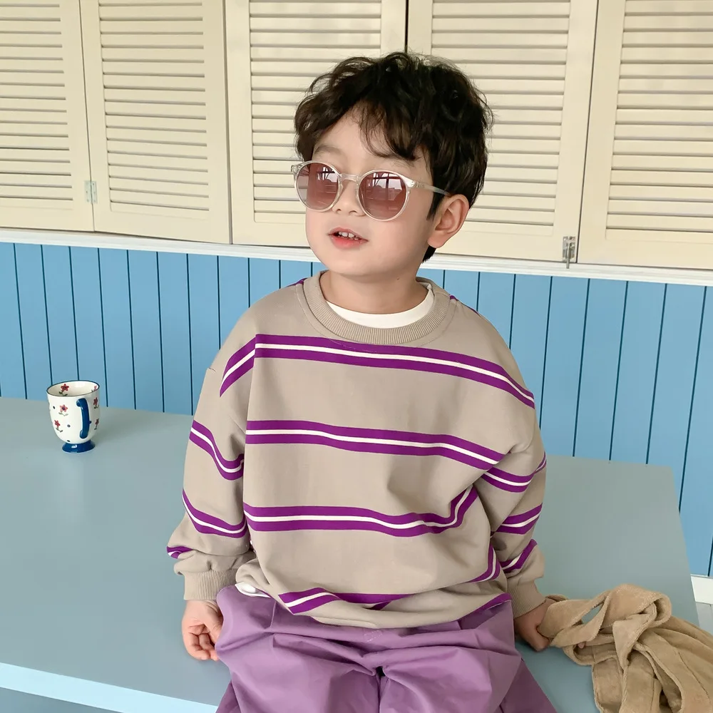 

Boys Spring casual round collar striped sweatshirts Girls cotton long sleeve Tops pullovers