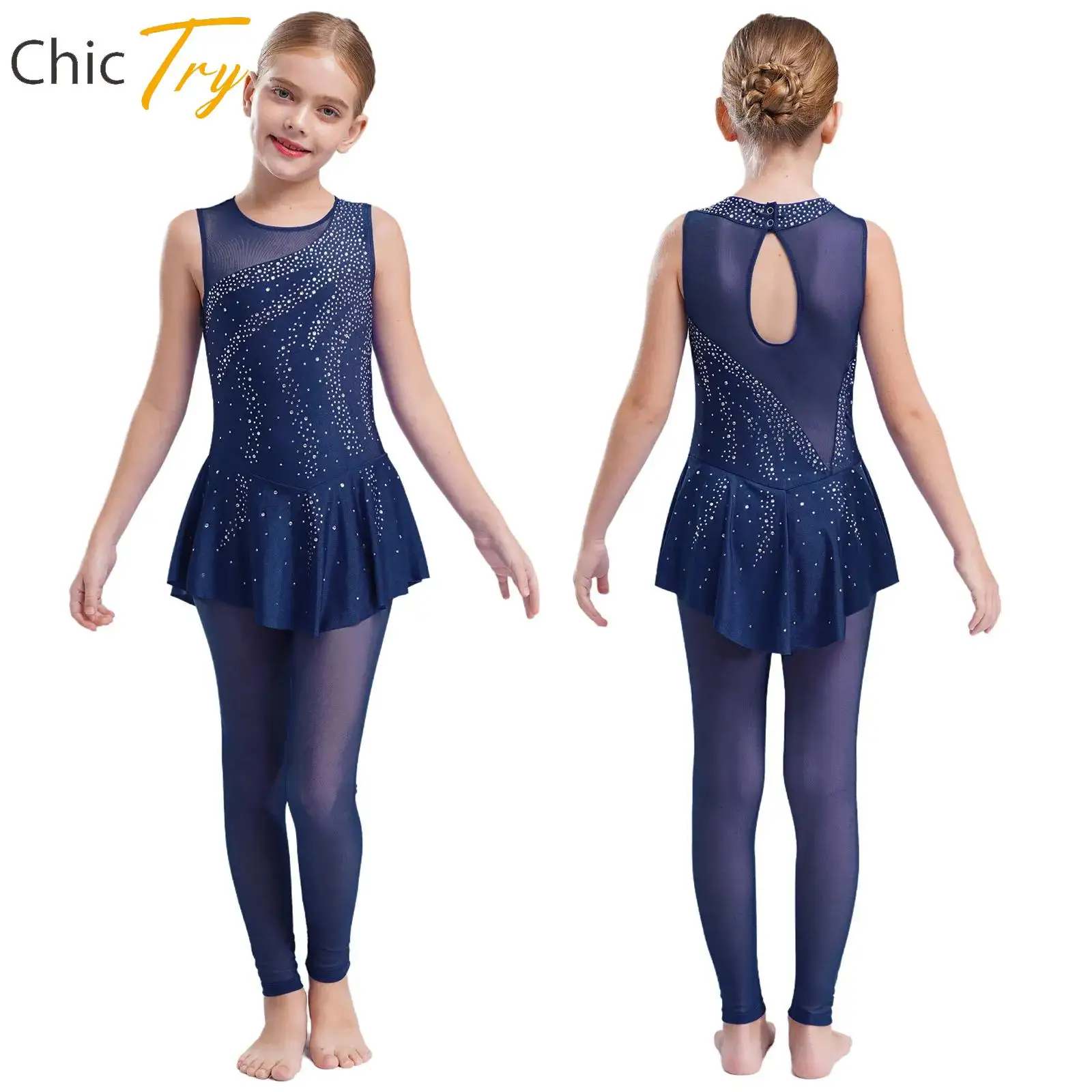 

Kids Girls Figure Skating Dance Costume Ballet Lyrical Modern Gymnastics Dance Clothes Sleeveless Rhinestones Leotards Jumpsuits