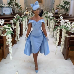 Robe de cocktail courte en satin bleu ciel, tenue de soirée élégante, longueur aux genoux, pour mariage