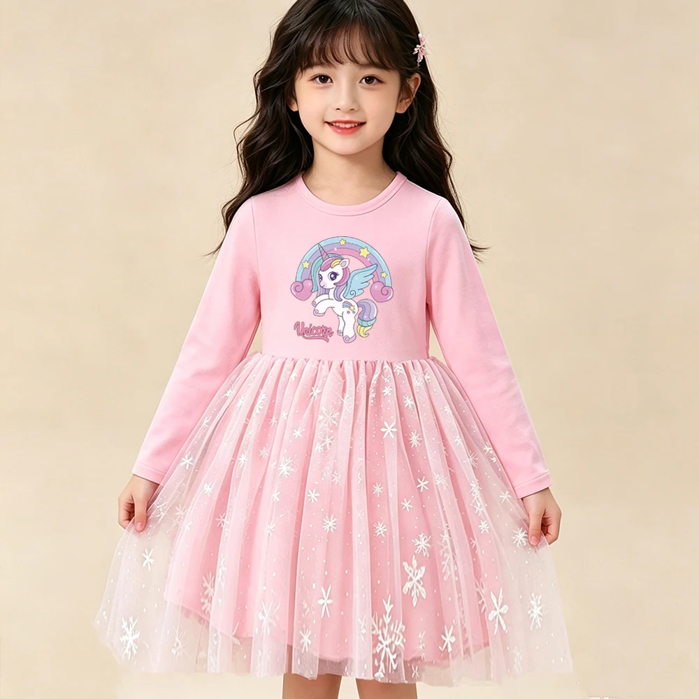 Mädchen Neues Langarm-Mesh-Kleid mit Cartoon-Einhorn-Motiv Kinder Frühling Herbst Langarm-Prinzessinnenkleid Kinder Geburtstagsparty-Kleidung – Detail 4