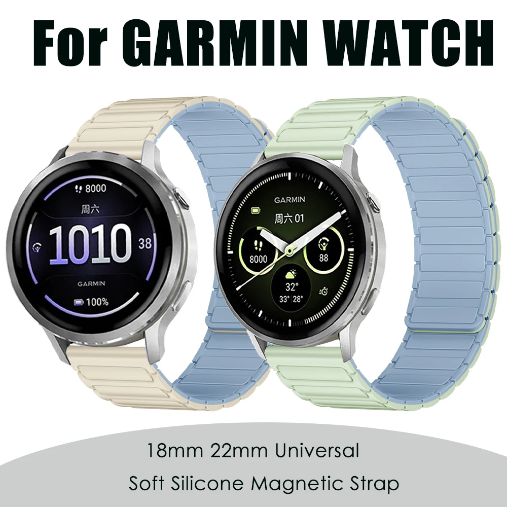 

Двухцветный магнитный силиконовый ремешок 18/22 мм для Garmin Venu 4/3/2/3s/2s/Forerunner 570/265/255s, дышащий мягкий сменный ремешок