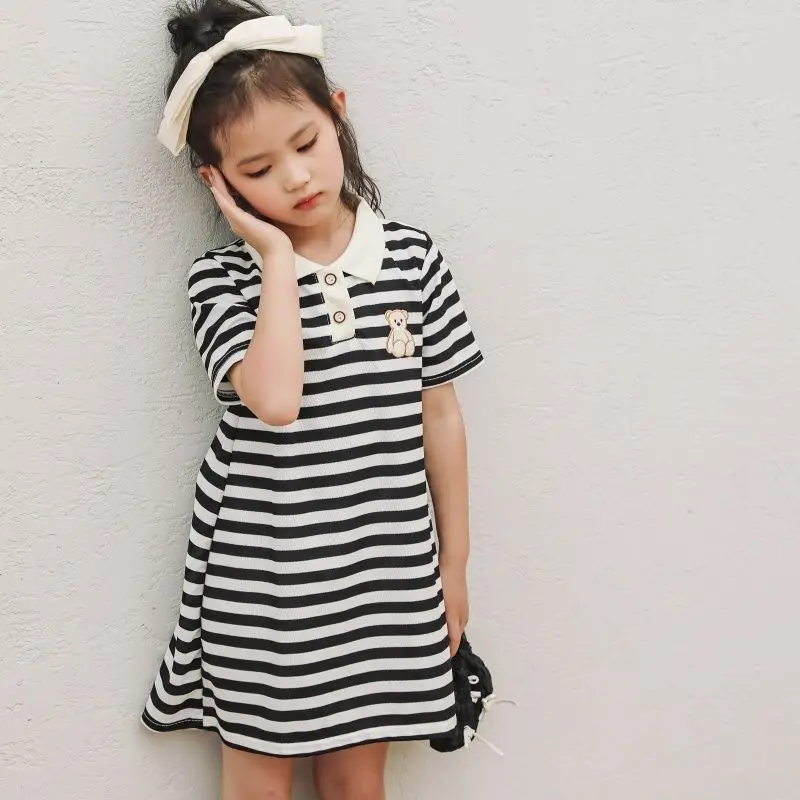 Girls Stripe Bear Polo Dress Summer Short Sleeve Flip Collar Baby Academy Style Trendy Dress Girls Aged 2-10