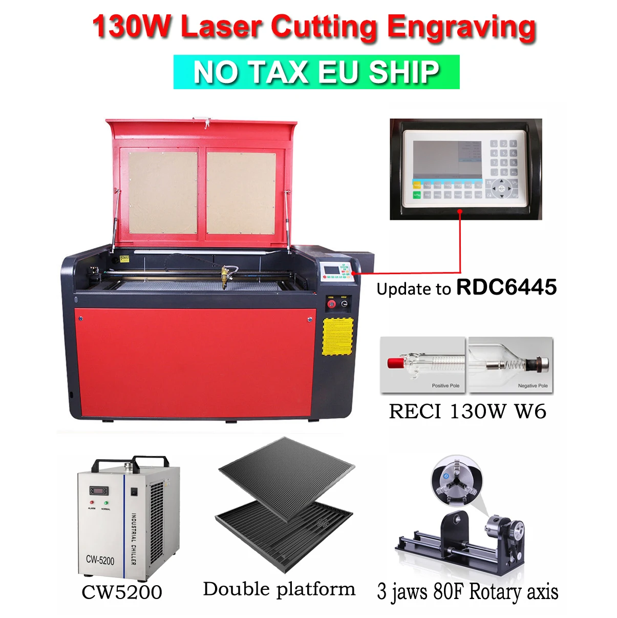 

130W CO2 Laser Engraving Cutting Machine Laser Engraver 1000*600mm RECI W2 CO2 Laser Tube Engraver Fabric Wood Leather EU Ship