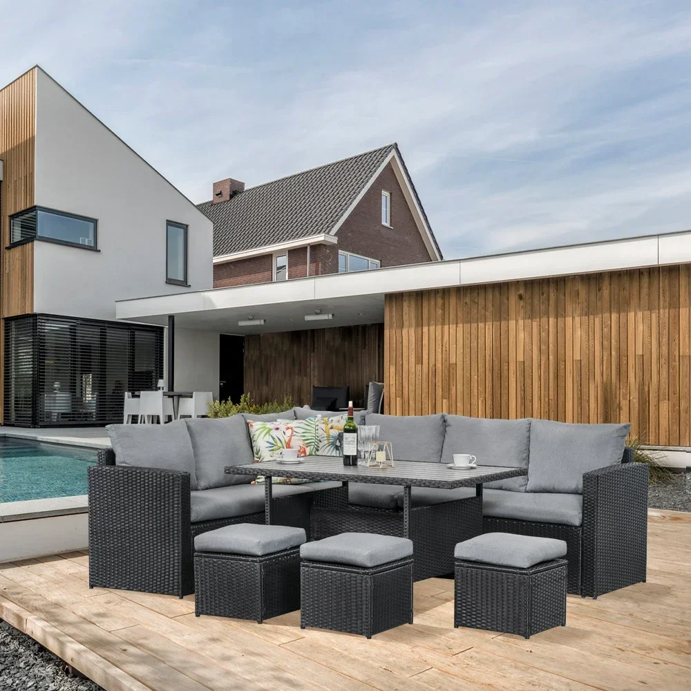 Inexpensive Outdoor Semicircle Sofas Rattan Wicker Patio Garden Sofa Set Furniture Waterproof Frame Character Style Living Room