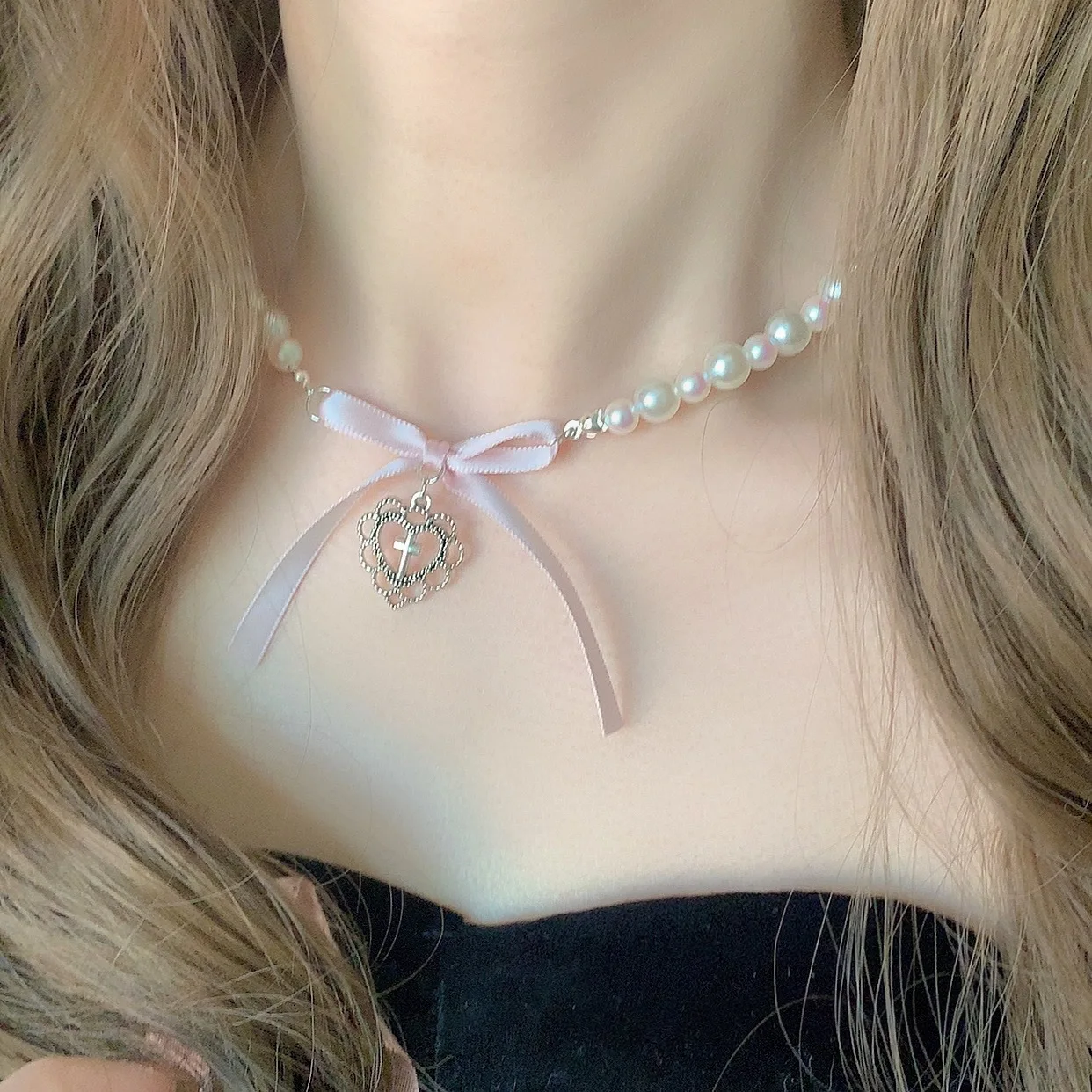 Kpop Goth Y2K Heart Bowknot Pendant Choker Necklace Clavicle Chain For Women