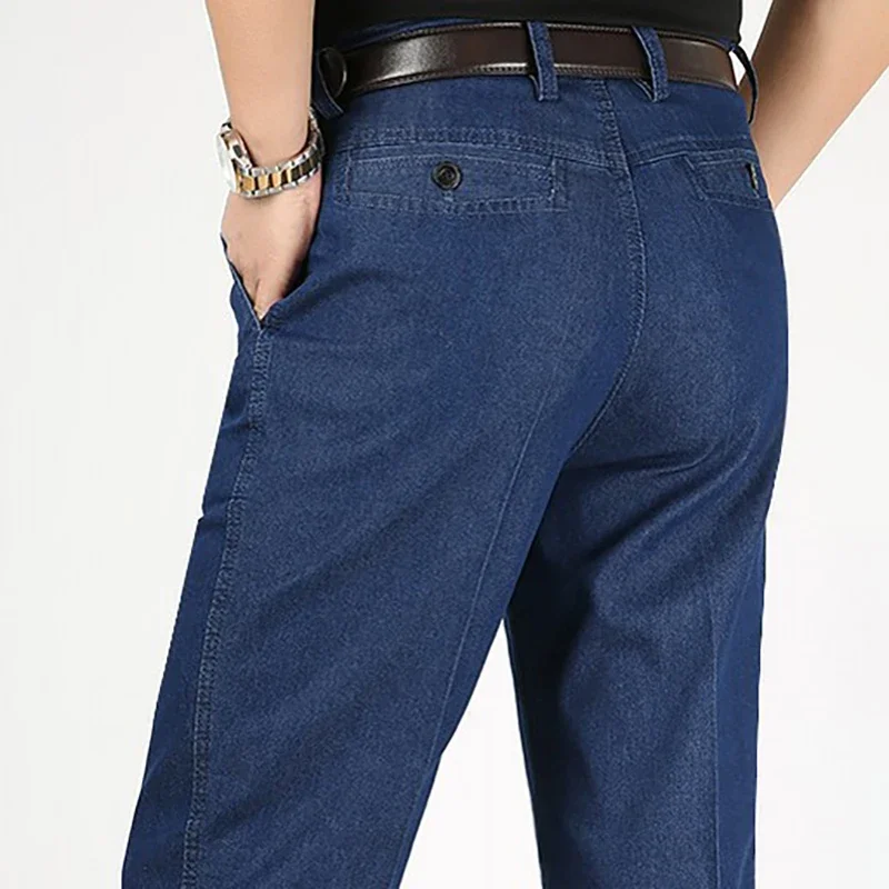 Outono duplo plissado jeans finos masculinos de meia-idade negócios lazer de meia-idade e idosos elásticos calças de perna reta