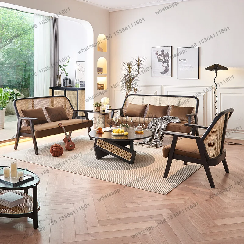 Nordic solid wood sofa combination small apartment rattan sofa modern simple three-seater