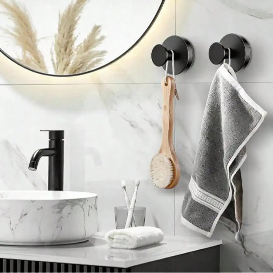 Heavy Duty Suction Cup Wall Hooks, No Drill Waterproof Rustproof Towel Hooks, 15Lbs Load Matte Black Hooks for Bathroom, Shower & Kitchen, Fits Smooth Surfaces