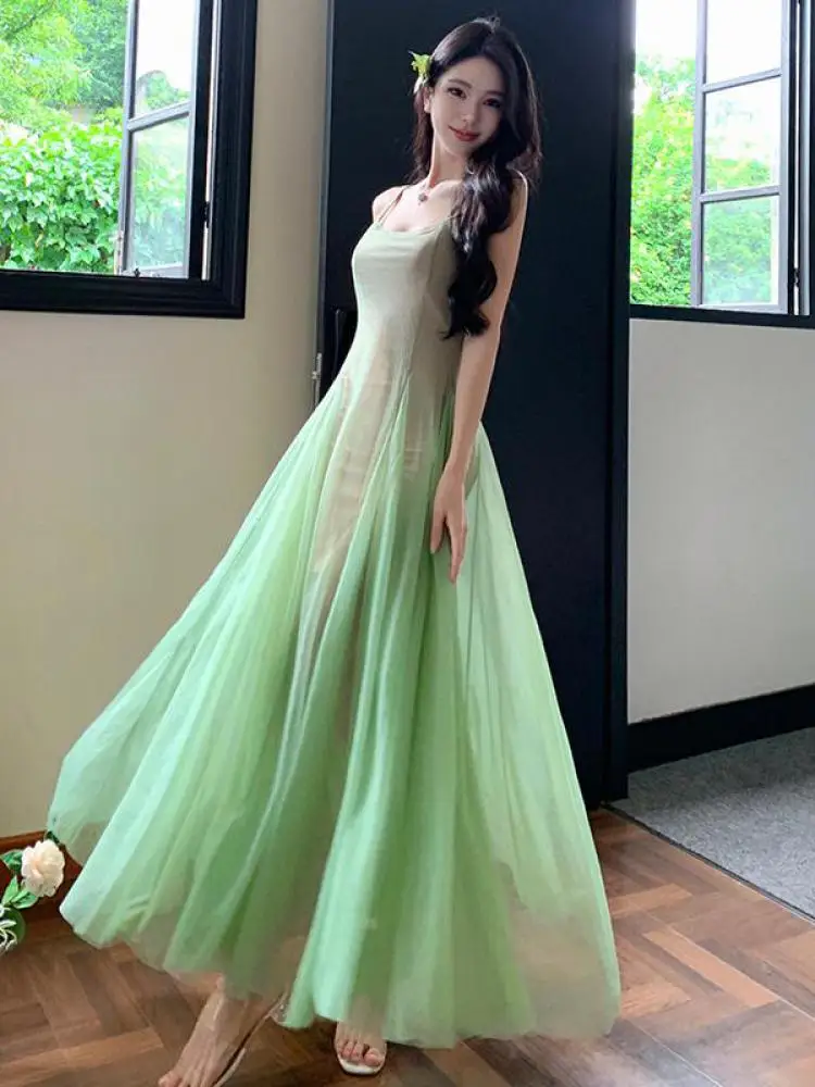 Summer Green Backless Party Mesh Long Dress Women 2024 French Fashion Sleeveless Round Neck Holiday Spaghetti Strap Sundress New