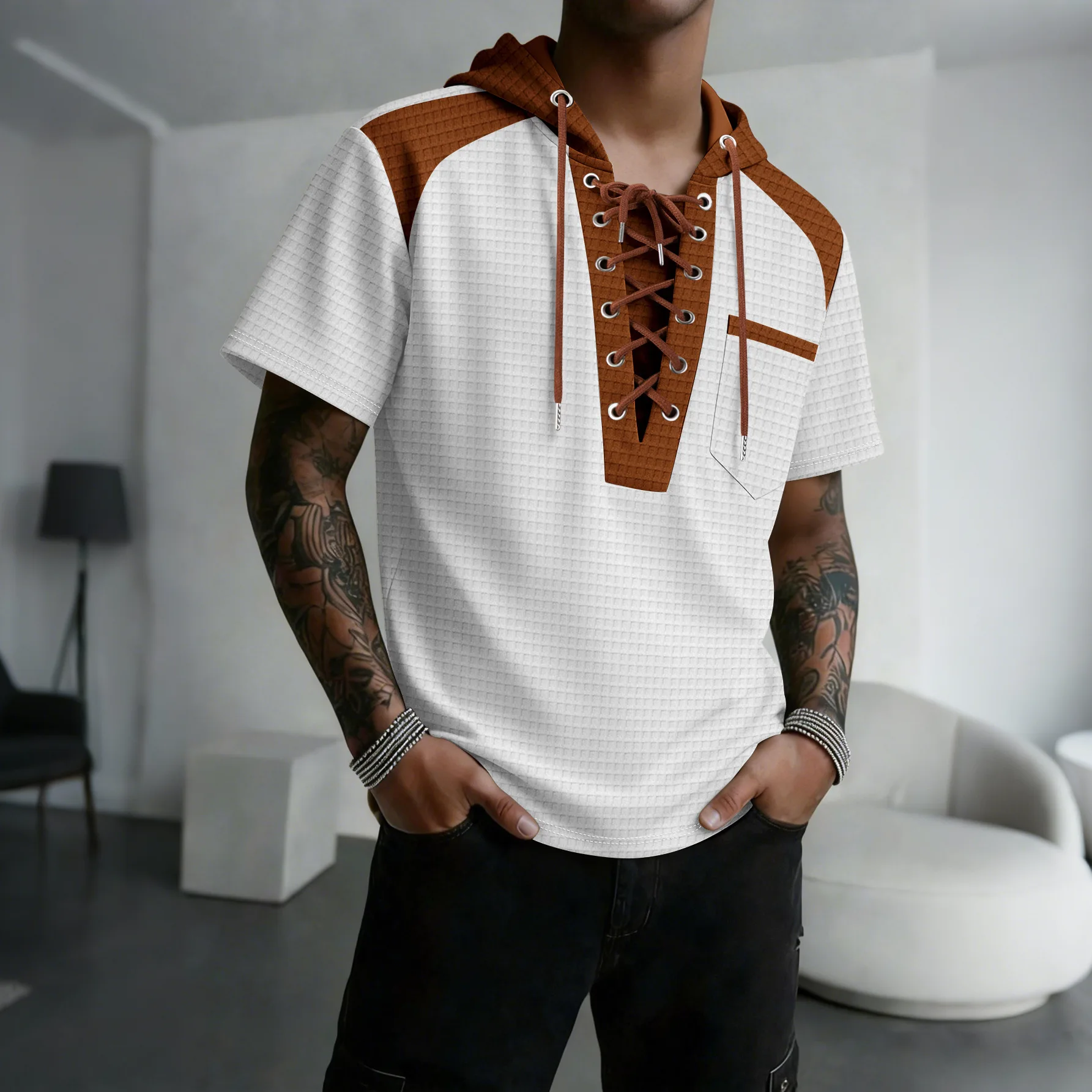

Summer New Men's Check Short-Sleeved Hooded Shirt, Color-Matching Drawstring Sports T-Shirt, Casual Trendy Patchwork Top Coat