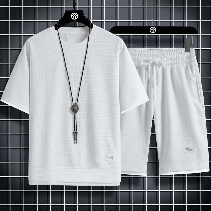 Korean Men's Waffle Tracksuit Short Sleeve T-shirts And Sports Shorts Summer Casual Outfits Joggers Sets Men's Two Piece Suit