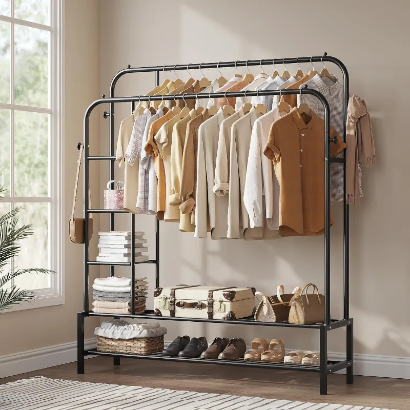 Double Rods Portable Garment Rack for Hanging Clothes, 49.4 * 64.7 Inch Metal Clothing Rack with Bottom Shelves