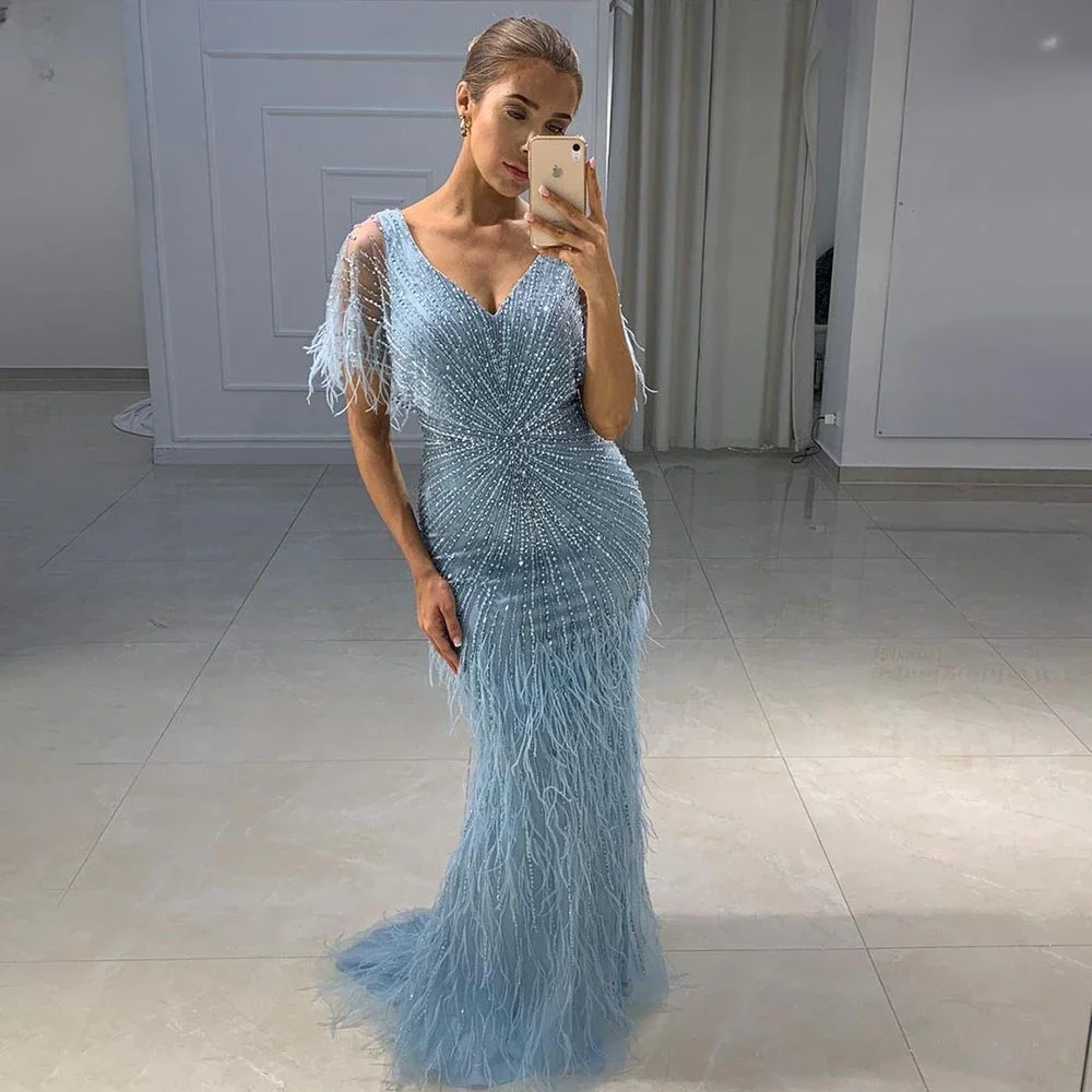 Taupe V Neck Mermaid Beaded Noble Evening Gown Champagne&Blue Color Women Elegant Formal Party Luxury Wedding Dress With Feather