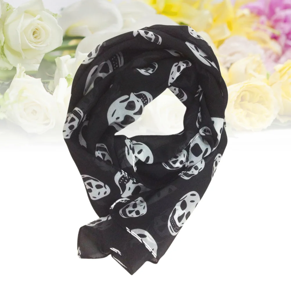 150*50cm Fashion All-match Women's Girls Skull Printed Long Chiffon Scarf Shawl Wrap (White) Skull scarf