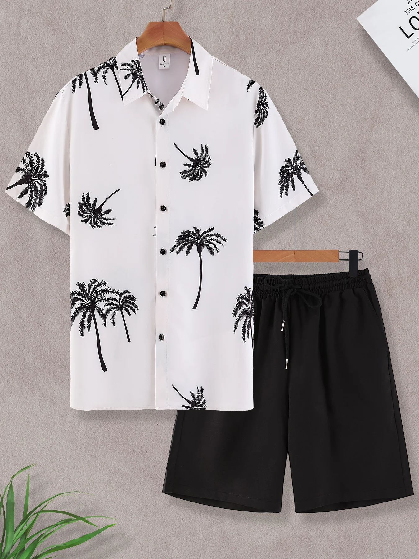 

Men's Summer Vacation Set, Palm Tree Print Button down Shirt & Elastic Waist Shorts