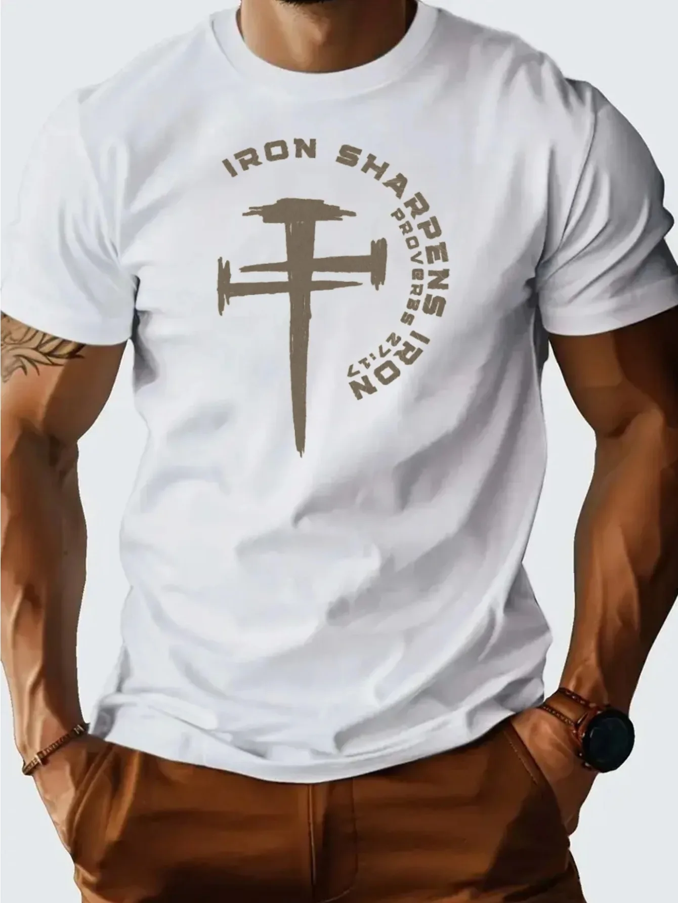 Men'S 100% Cotton Casual T-Shirt - Iron Sharpens Iron Cross Design, Comfortable Short Sleeve Tee for Summer, Daily Wear & Outdoo