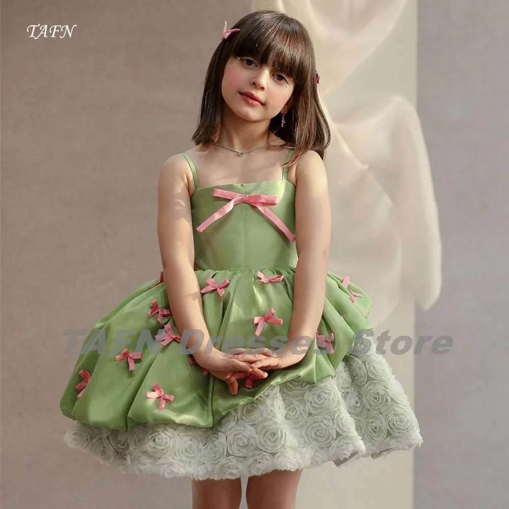 

TAFN A-line Girl Evening Dresses Spaghetti Straps Bow Floral vestidos para niñas Mint Green Children Party Mini Ball Gown