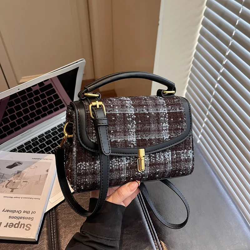 

2025 Fall Winter Vintage Niche Bag - Fuzzy Checkered Small Square 3-in-1 Top Handle Shoulder Crossbody