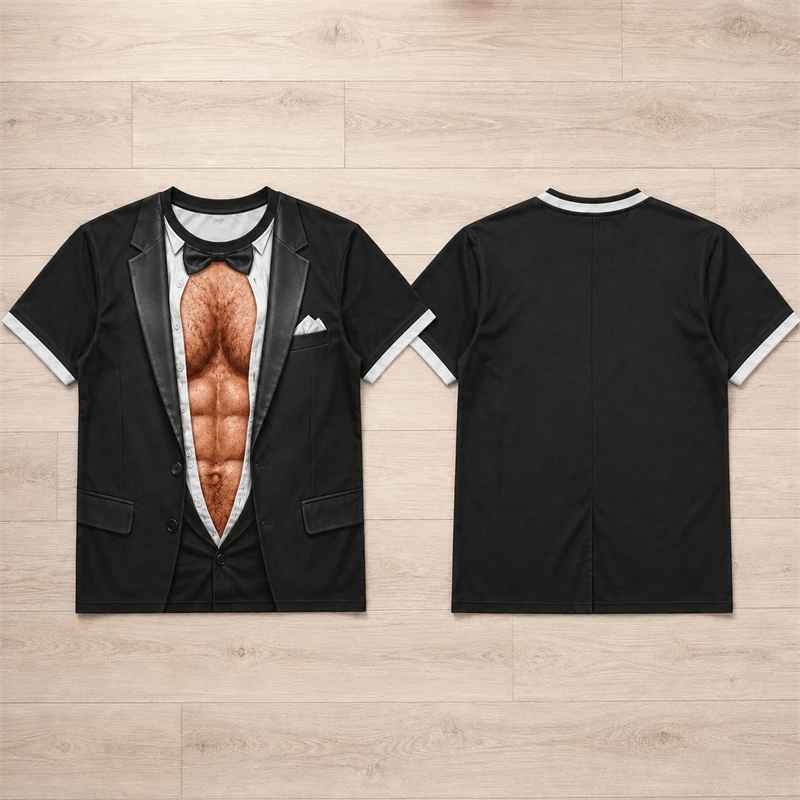 Fashion 3D Visual Fake Suit Muscle T Shirt For Men Tuxedo Print Short Sleeve Crew Neck Tee Novelty Streetwear Casual Summer Tops