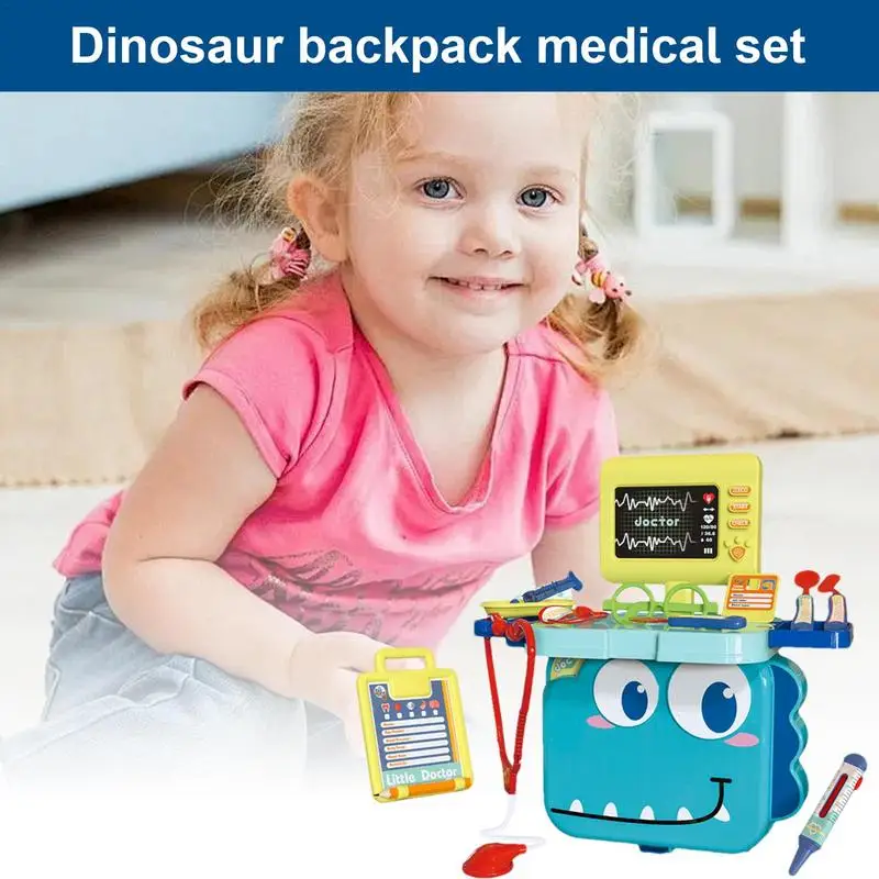 Dinossauro Mochila Medical Toy para Crianças, Doutor Finja Role Play Kit, Simulação Dentista Box, Meninas Educação, 3-em-1