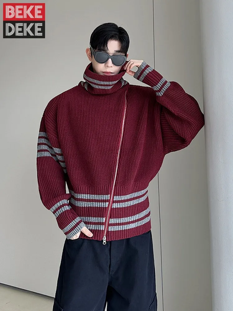 

New Men Autumn Winter Turtleneck Oblique Zipper Knitted Cardigan Jacket Loose Fit Casual Sweater Colors Panelled Stripe Knitwear