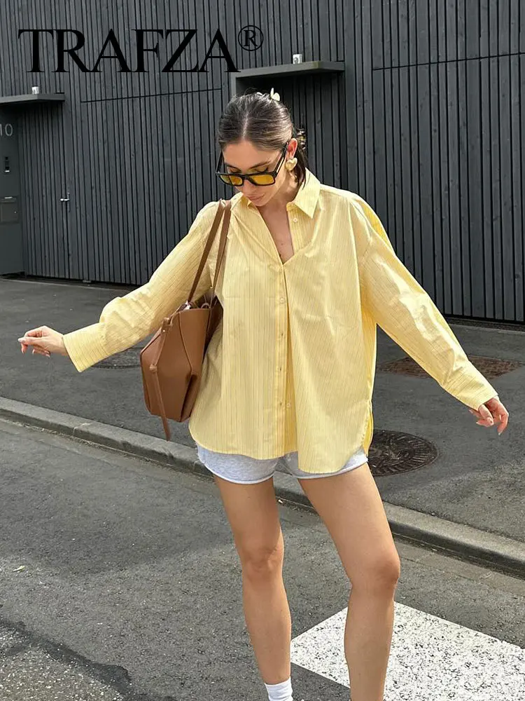 TRAFZA Women 2024 New Fashion Summer Yellow Striped Single Breasted Shirts Women\'s Casual Loose Lapel Long Sleeved Tops TRAF