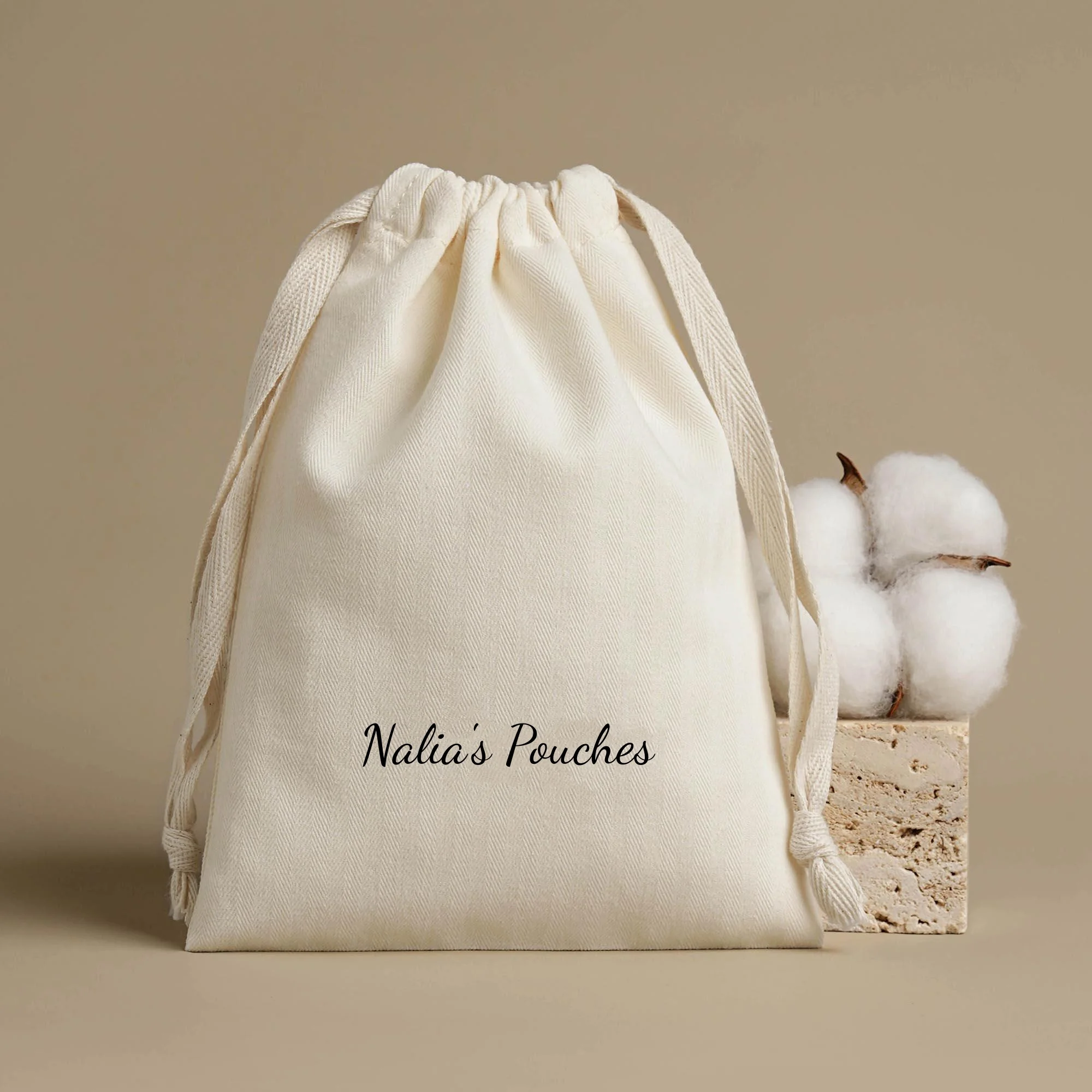 Custom Logo Dust Bag Herringbone Beige Cotton Drawstring Pouch Wedding Birthday Cosmetic Bridesmaid Candy Soap Packaging Bags view 3