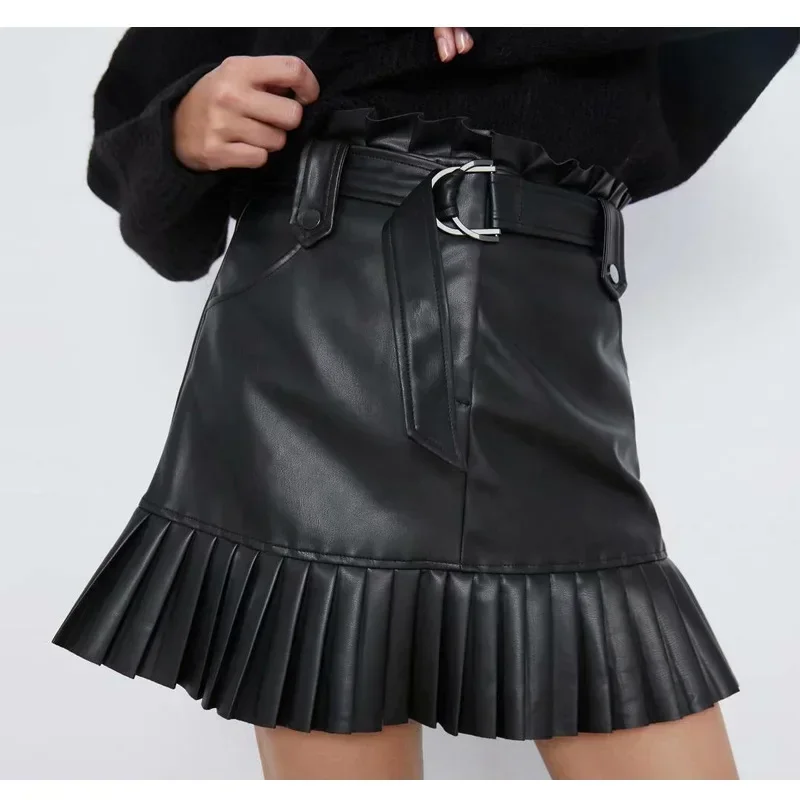 Faux Leather Pleated Skirts Women Summer Sexy Fringed Short Dress with Belt 2023 Spring Y2k Fashion Indie Vintage Mini Skirts