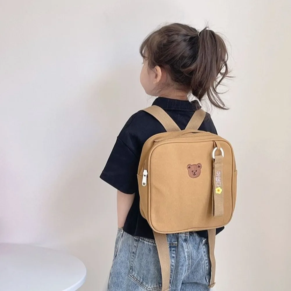 

Unique Bear Cartoon Backpack Square Canvas Children School Bag Korean Style Solid Color Cute Shoulder Bag Kindergarten