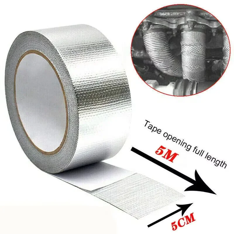 New 5m*5cm Exhaust Pipe Insulation Tape Exhaust Heat Tape Manifold Downpipe High Temperature Bandage Tape Silver Adhesive Tape