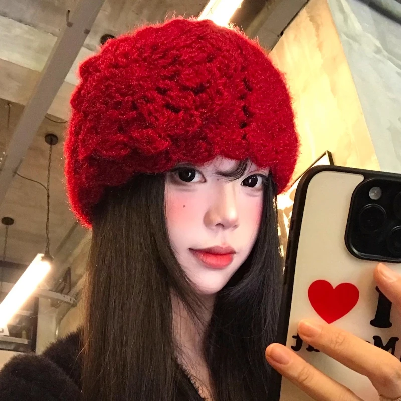 جديد اليد الكروشيه ثلاثية الأبعاد زهرة البلوز القبعات للنساء الخريف والشتاء السفر صور جو تنوعا عادية الدافئة بيني