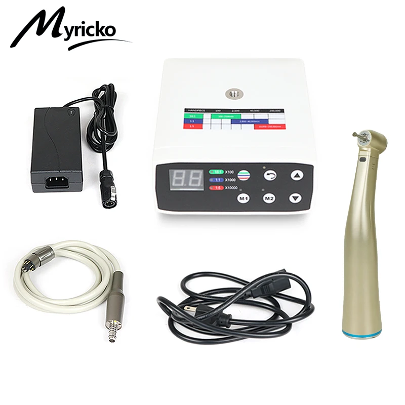 Myricko 1:5/1:1 Fiber Optic LED Dental Handpiece Against Contra Angle 4 Water Spray Push Button Red/Blue Rings Dentistry Tools