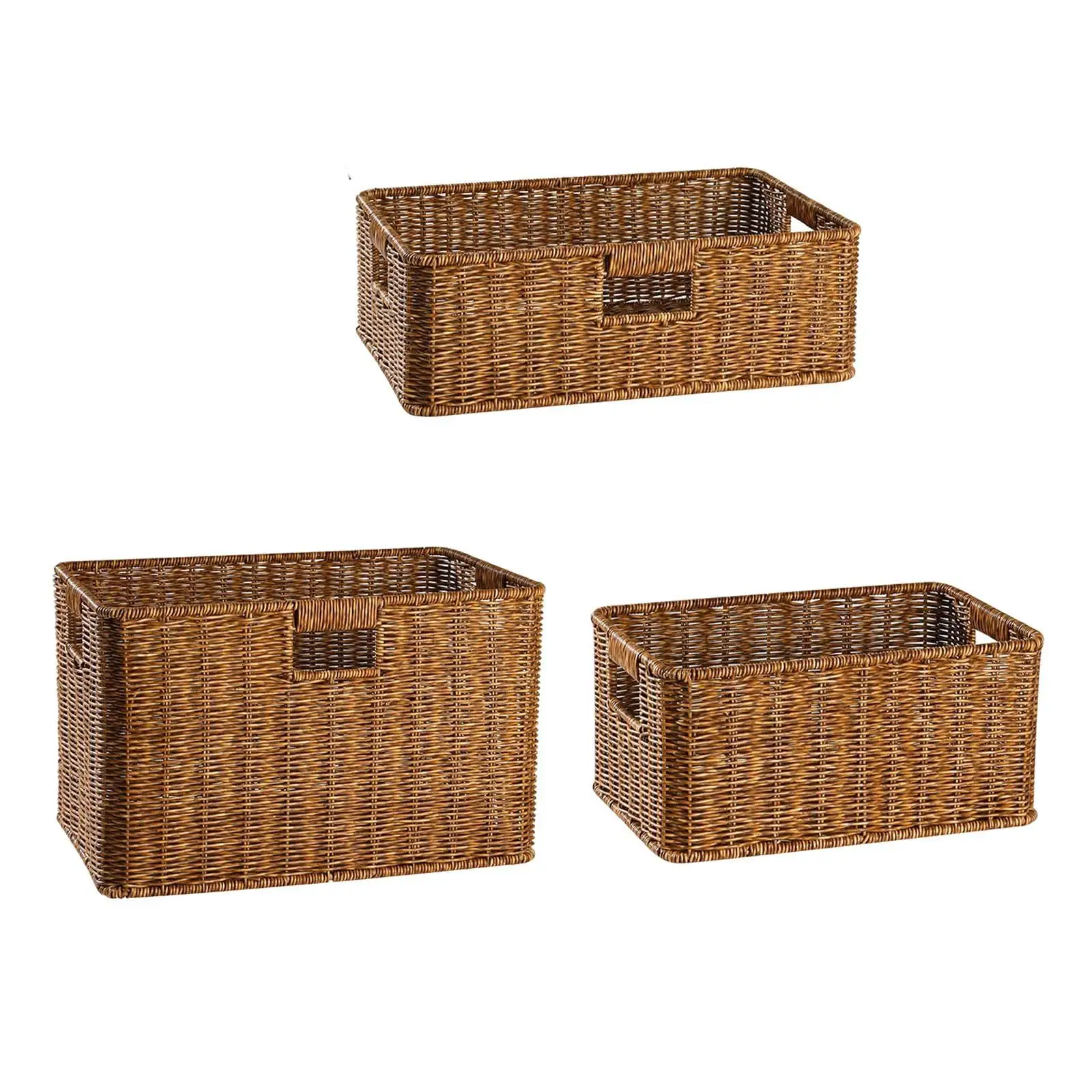 Imitation Ratten Decorative Basket with Handles Easy to Clean Handcrafted Brown for Cabinets, Cupboards