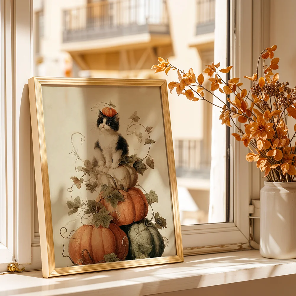 Autumn Vintage Black White Kitten On Pumpkin Stack Canvas Poster,2D Print Wall Decor,Aesthetic Home Gift For Living Room Bedroom