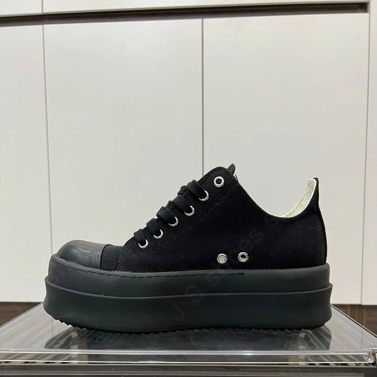 

Ricks Men Shoe Low Top Full Black Canvas Shoe Owens Women Casual Shoes Owens Sneaker 6cm Thick Sole Shoes Lace Up Flat Sneakers