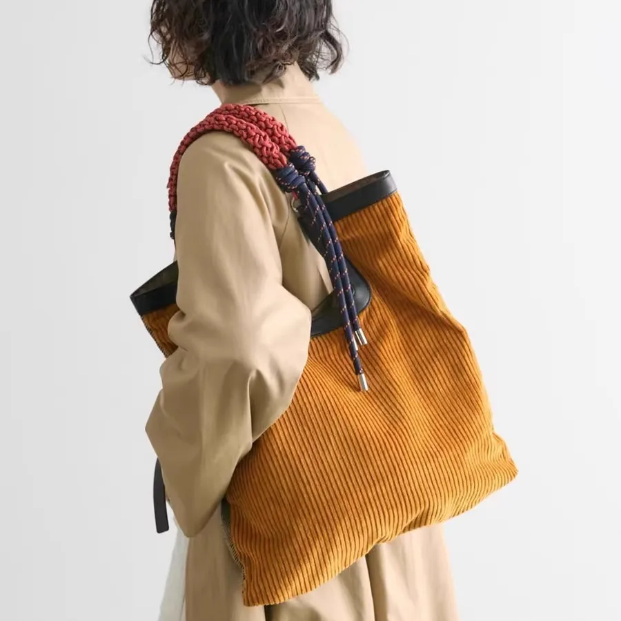 

Вельветовая большая сумка в стиле ретро, осень-зима, большая вместительная лоскутная сумка на плечо с веревочным узлом для пригородных поездок