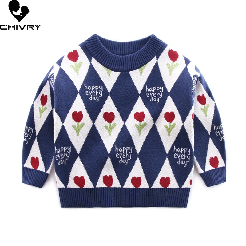 

New 2023 Kids Autumn Winter Pullover Sweater Baby Boys Girls Cartoon Bear Floral Round Neck Plaid Warm Knitted Sweaters Tops