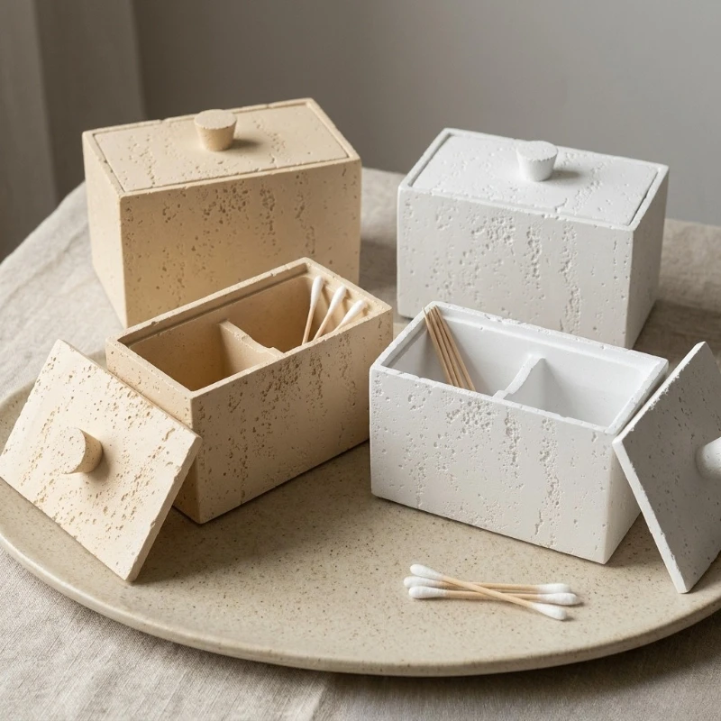 Covered Sandstone Material Cotton Swab Box Dust-proof Cotton Swab Storage Box Desktop Storage Containers, Home Decoration