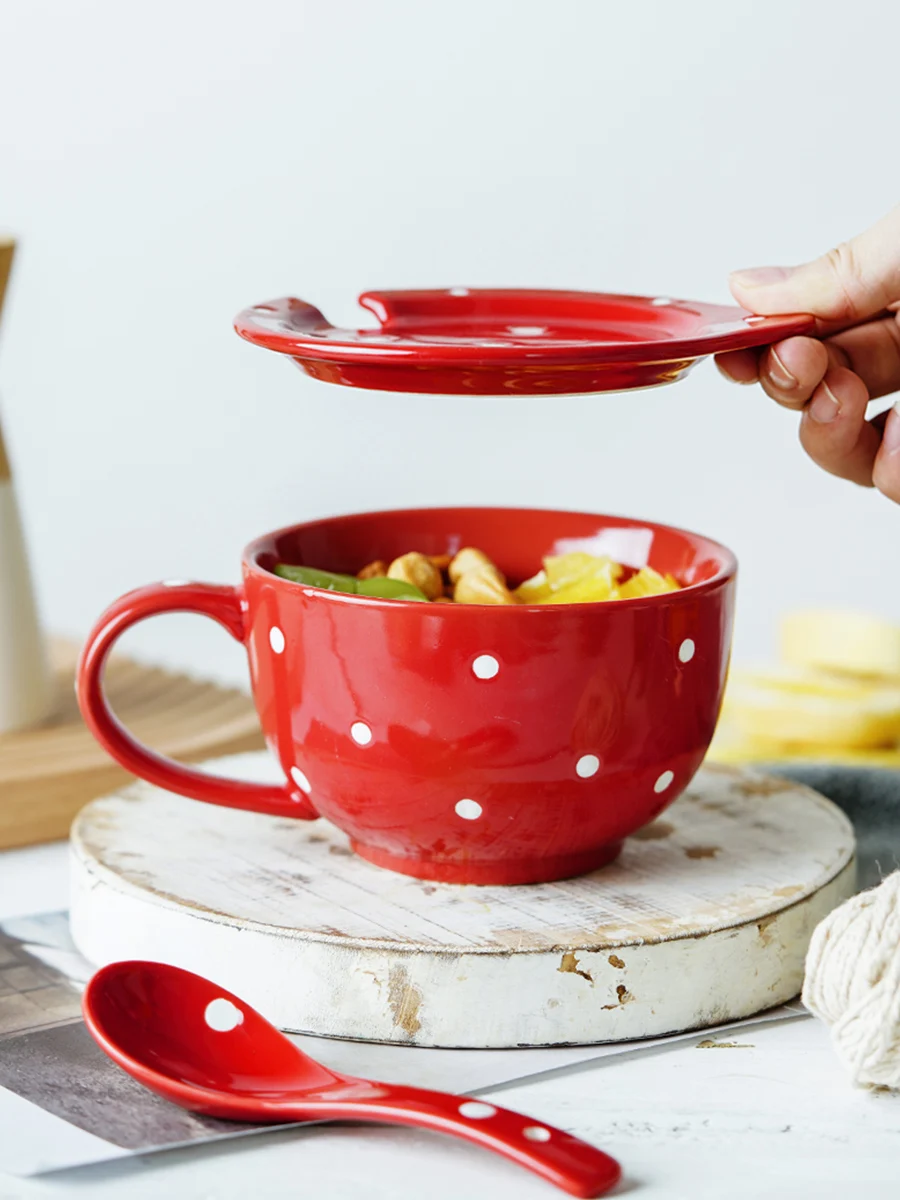 Polka Dots Ceramic Cups Breakfast Milk Oatmeal Cup Home Large Capacity Teacup Afternoon Tea Dessert Bowl Salad Bowl with Handle