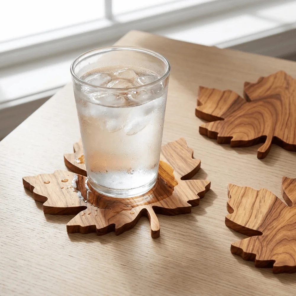 Durable Non-Slip Maple Leaf Wooden Coasters Heat-Resistant Anti Scald Coffee Coasters Natural Insulation Pad Office