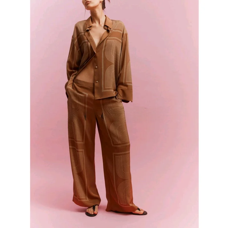 Celana panjang lurus pinggang tinggi bahan campuran linen tenun diagonal motif bunga longgar, set busana wanita premium